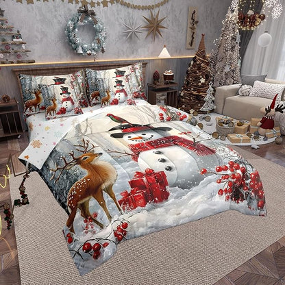 Castle Fairy Winter Snowman Comforter Set Full Size 7 Pcs,Merry Christmas Theme Bedding Set for Girls Teens Bedroom Decor,Wild Breds Trees Deer Bed in a Bag with Comforter,Sheets and Pillow Cases