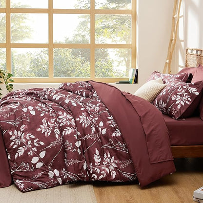 Bedsure Full Size Comforter Set - 7 Pieces Floral Burgundy Soft Bedding Sets, Full Bed in a Bag with Botanical Flowers Comforter, Sheets, Pillowcases & Shams