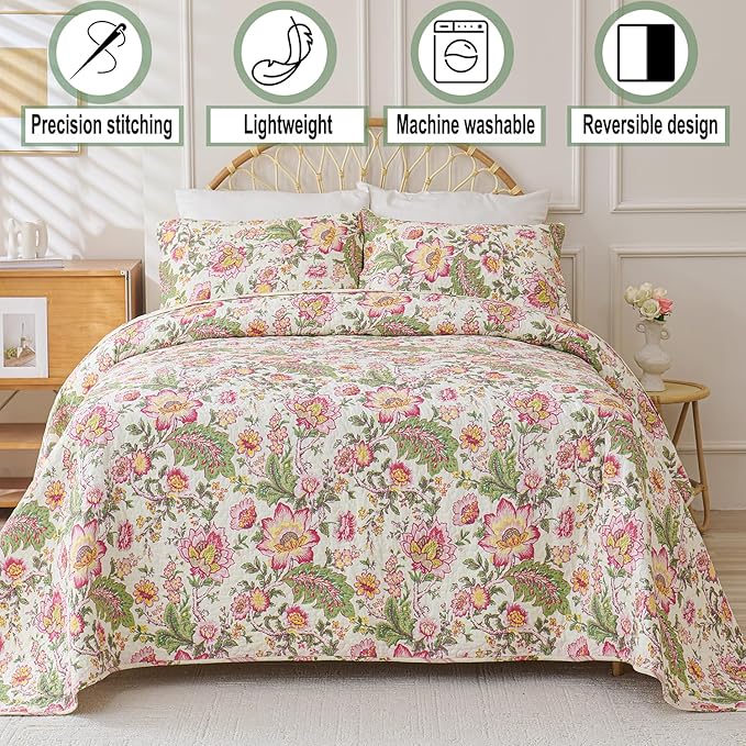 Cmfshape Floral Quilt Sets Bedspread Set 100% Cotton Bedding Set, All Season Use Lightweight Reversible Coverlet Quilts with 2 Pillow Shams(King 106"x96")