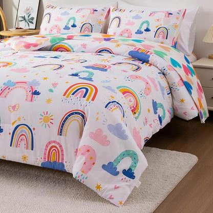Btargot Lightweight Soft 3 Piece Rainbow Comforter Set with 2 Pillow Covers, Cartoon Leaves Flowers and Sun Star Bedding Set for Girls Boys Kids, Twin White