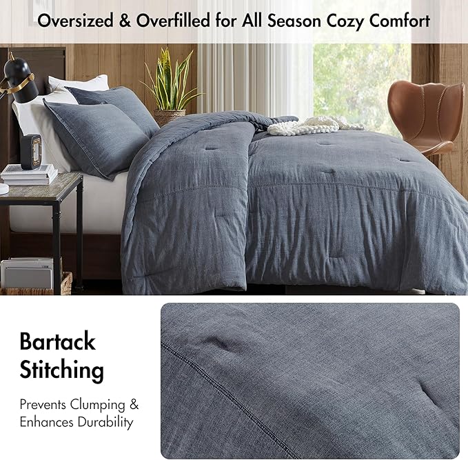 Woolrich King Comforter Set Cotton Stone Washed, Oversized Comforters King Size Bed, All Season Down Alternative Overfilled King Size Comforter, McKenzie, King/Cal King Blue 3 Piece
