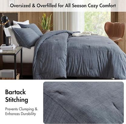 Woolrich King Comforter Set Cotton Stone Washed, Oversized Comforters King Size Bed, All Season Down Alternative Overfilled King Size Comforter, McKenzie, King/Cal King Blue 3 Piece