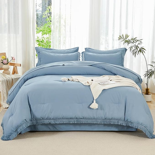 Andency Full Size Comforter Set Grayish Blue -7 Pieces Boho Tassel Bed in a Bag Soft Lightweight Bedding Sets, All Season Fringe Bed Set with Comforter, Sheets, Pillowcases & Shams