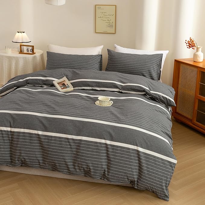 ECOCOTT 3 Pieces Duvet Cover Queen Size, 100% Washed Cotton 1 Duvet Cover with Zipper and 2 Pillowcases, Ultra Soft and Easy Care Breathable Cozy Simple Style Bedding Set(Grey Striped)