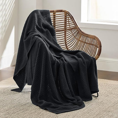 Bedsure Gentlesoft 100% Cotton Throw Blanket for Couch 50x70 inches - Cooling Breathable and Soft for Spring Summer, Waffle Weave Throw Blanket for Office, Black