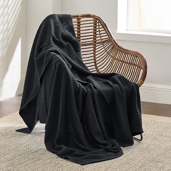 Bedsure Gentlesoft 100% Cotton Blanket Twin XL Size for College Dorm - Cooling Breathable and Soft for Spring Summer, Waffle Weave Twin Blanket for Bed, Dorm Room Essentials, Black, 66x90 inches