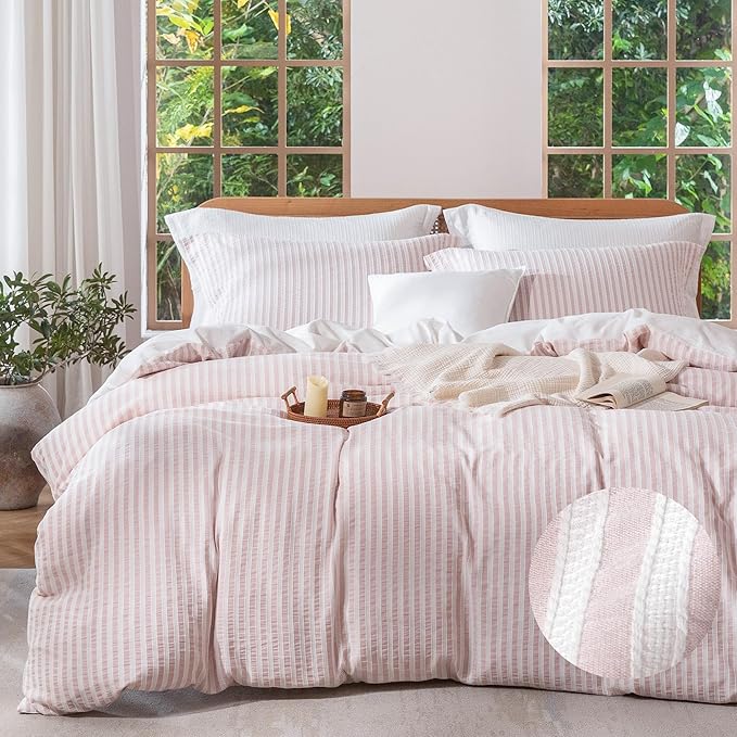 MILDLY Pink Striped Duvet Cover - 100% Washed Cotton Jacquard Boho Textured Comforter Cover 3pcs with Corner Ties Zipper Closure 104"x90"