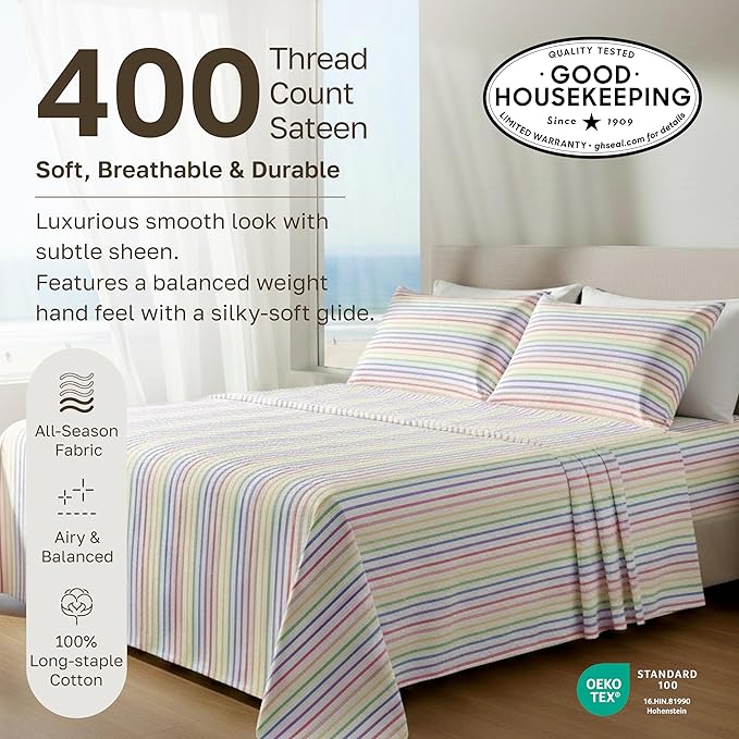 California Design Den Rainbow Striped King Size Sheets Set - 400 Thread Count, Soft Sateen, Natural 100% Cotton Sheets, Deep Pockets, and Durable Bedding Set - Rainbow Striped