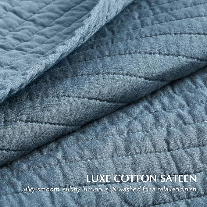 EVERGRACEHOME Cotton Sateen Quilt Set Queen Size, Pre-Washed Cotton Channel Stitch Coverlet Bedspread, 3 Pieces Lightweight Soft Bedding Sets for All Season, with 2 Pillow Shams, Sonoma Blue