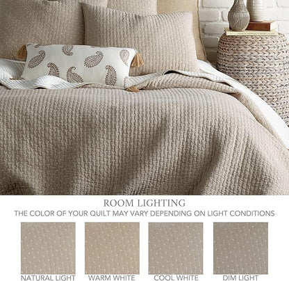 Levtex Home Cross Stitch Reversible Full/Queen Quilt Set (88x92in) with 2 Pillow Shams (26x20in) - Stitch Texture - Taupe - Cotton Full/Queen Size Quilt Bedding Set - Lightweight, Soft, Pre-Washed