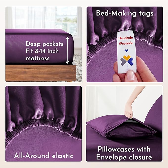 California Design Den Deep Pocket King Sheet Set - Natural 100% Cotton Sheets King Size, Soft Sateen Weave, All Around Elastic, Breathable and Durable Bedding - Purple Passion