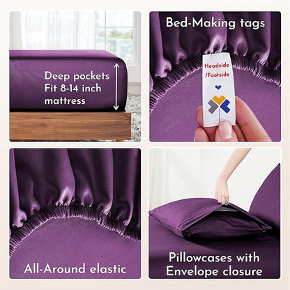 California Design Den Natural 100% Cotton Sheets Full Size Bed Set - Soft Sateen Weave, Fully Elasticized Deep Pocket Sheet Set, Breathable and Durable Bedding - Purple Passion