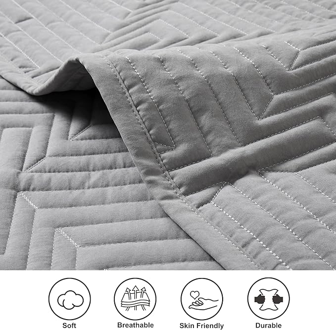 Oli Anderson Queen Quilt Set, Grey Lightweight Soft Bedspread Coverlet, Basket Weave Pattern Bedding, 3PCS Modern Geometric Stitching Textured Comforter Sets (1 Quilt and 2 Pillow Shams)