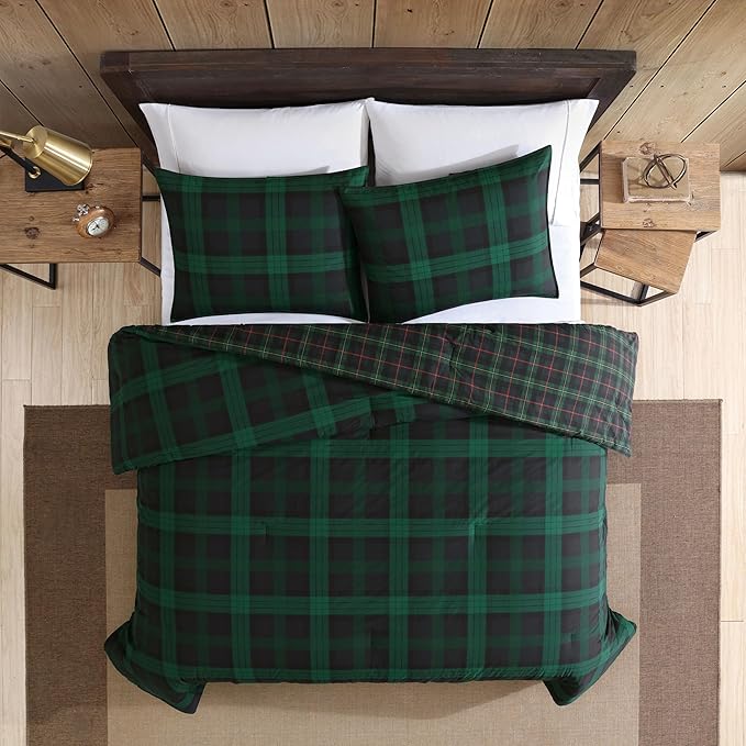 Eddie Bauer - Twin Comforter Set, Reversible Cotton Bedding with Matching Sham, Medium-Weight for Year Round Use, Dorm Essentials (Woodland Tartan Green)