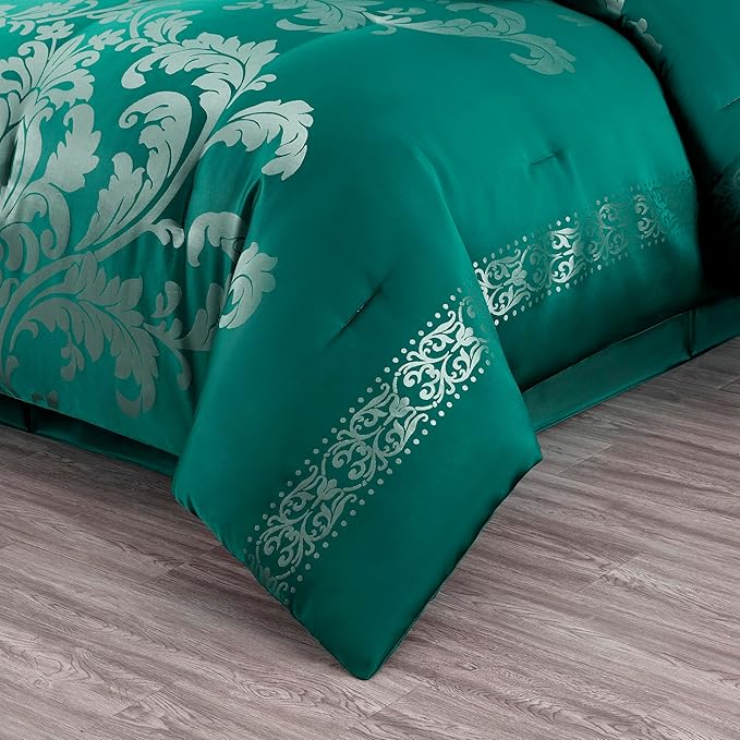 Chezmoi Collection 7-Piece Jacquard Floral Comforter Set (King, Green/Silver)