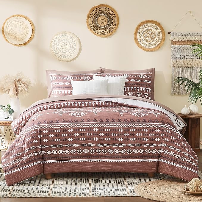 Geniospin Queen Comforter Set - 7 Pieces Reversible Bedding Set, Boho Bed in A Bag, Lightweight Soft Aztec Bedding, All Season Bed Comforter Set with Sheets, Pillowcases & Shams