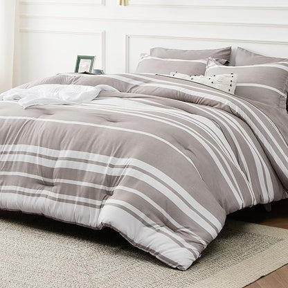 Bedsure King Comforter Set 7 Pieces, Taupe Striped Bedding Set for All Seasons, Reversible, Cationic Dyeing Bed in a Bag with Comforter, Sheets, Pillowcases & Shams