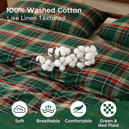 TOCOMOA Christmas Plaid Duvet Cover Set 100% Washed Cotton Like Linen Feel Super Soft Comfy 3 Piece Green Red Gingham Checkered Bedding Comforter Cover Set (Queen 90"x90", Comforter Not Included)