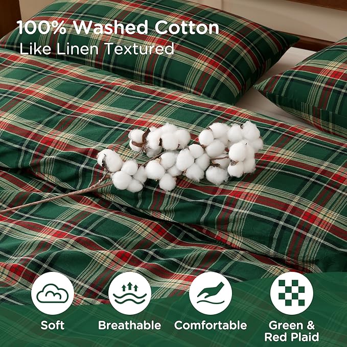 TOCOMOA Christmas Plaid Duvet Cover Set 100% Washed Cotton Like Linen Feel Super Soft Comfy 2 Piece Green Red Gingham Checkered Bedding Comforter Cover Set (Twin 68"x90", Comforter Not Included)