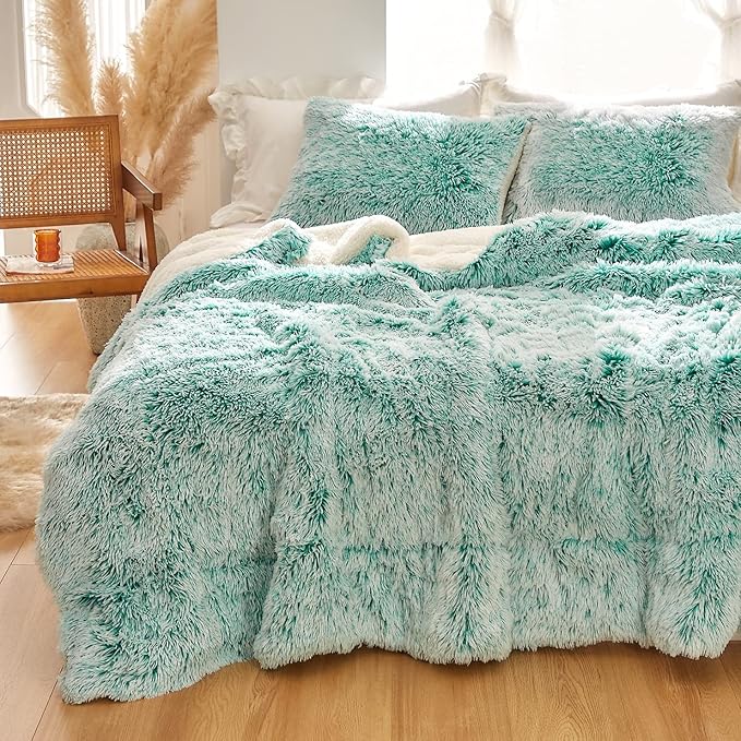 Luxury Faux Fur Shaggy Comforter Set Full/Queen Size, Plush & Sherpa Reversible Comforter Teal with White, 3-Piece Fluffy Fuzzy Bedding Set Ultra Soft and Warm for Winter (1 Comforter + 2 Pillowcases)