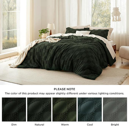 Bedsure King Size Comforter Set Dark Olive Green, Boho Tufted Bed Set, Checkered Farmhouse Shabby Chic Bedding, 3 Pieces, 1 Plaid Geometric Comforter and 2 Pillow Shams