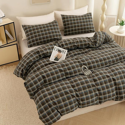 ECOCOTT Buffalo Plaid Duvet Cover Queen Size – 3 Piece Washed Cotton Brown & Blue Bedding Set, Soft & Breathable, Reversible Checkered Design with Zipper Closure & Corner Ties