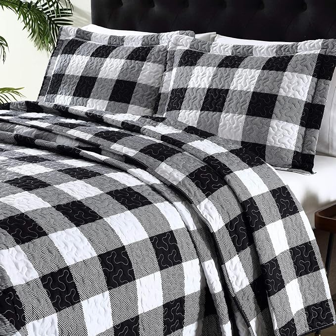 EXQ Home Quilt Set King Size 3 Piece,Lightweight Microfiber Coverlet Modern Style Black and White Squares Pattern Bedspread Set(1 Quilt,2 Pillow Shams)