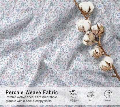 RUVANTI 100% Organic Cotton Sheets California King, Percale Weave, GOTS Certified, 4-Piece Set, Deep Pocket 13", Crisp & Breathable, Soft Durable Bedding, Sábanas Algodón Orgánico – Multi Paisley