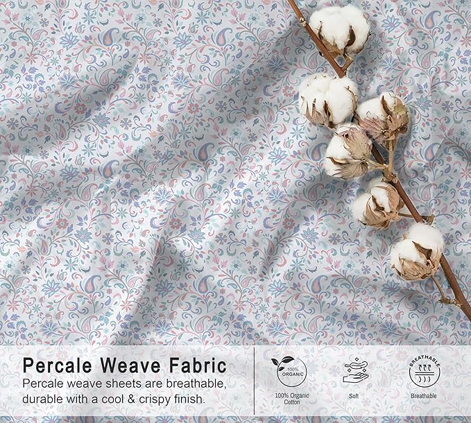 RUVANTI 100% Organic Cotton Sheets Twin Size, Percale Weave, GOTS Certified, 3-Piece Set, Deep Pocket 15", Crisp & Breathable, Soft Durable Bedding, Sábanas Algodón Orgánico – Multi Paisley