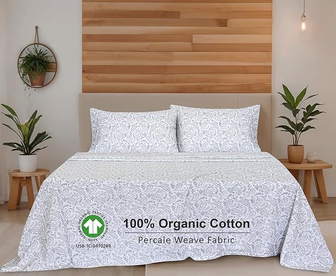 RUVANTI 100% Organic Cotton Sheets Twin XL, Percale Weave, GOTS Certified, 3-Piece Set, Deep Pocket 15", Crisp & Breathable, Soft Durable Bedding, Sábanas Algodón Orgánico – Ornate Oasis