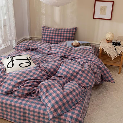 EAVD Modern Purple Pink Plaid Duvet Cover King Soft Cotton Reversible Grid Plaid Bedding Set with 2 Pillowcases Simple Checkered Geometric Duvet Cover with Zipper Closure