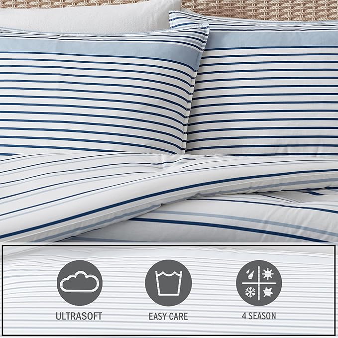 Eddie Bauer - Twin Comforter Set, Cotton Bedding with Matching Sham, Two-Piece Back Closure, Dorm Essentials (Cooper Stripe Blue)