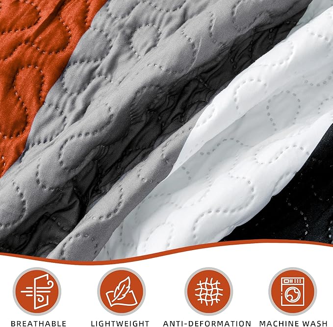 3 Piece Orange Grey Quilt Set California King Size Black White Gray Geometric Reversible Bedding Set Microfiber Lightweight Bedspread Coverlet with 2 Shams Bed Covers for All Season, 118''x106''