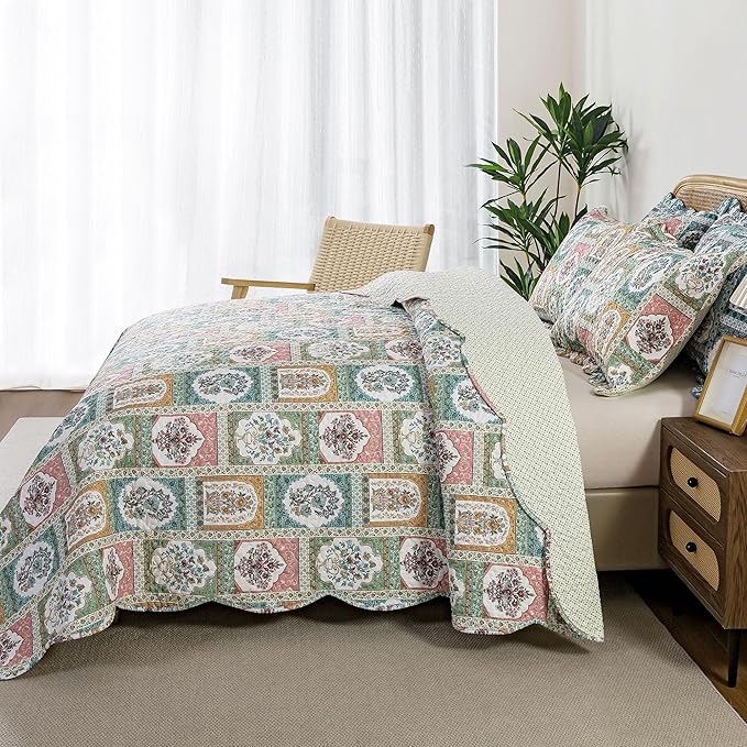HoneiLife Quilt Sets King Size - 3 Pieces Microfiber Quilt Floral Bedspreads Lightweight Coverlets Retro Bed Cover King Quilt Bedding Set All Season Quilts