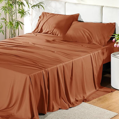 Bedsure King Size Sheets Set, Cooling Sheets for Hot Sleepers, Rayon Derived from Bamboo, PureWoven, Breathable & Soft, Deep Pocket Up to 16 Inches, Hotel Luxury Silky Bedding, Burnt Orange