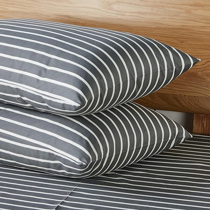 JELLYMONI 100% Natural Cotton 3pcs Striped Duvet Cover Sets, Dark Grey Duvet Cover with White Stripes Pattern Printed Comforter Cover, with Zipper Closure & Corner Ties(Full Size)