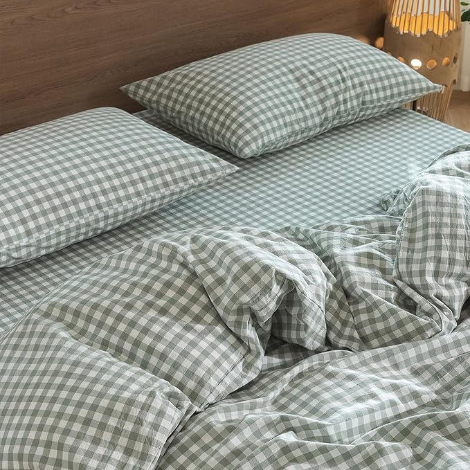 MooMee Bedding Pillowcases Gingham Pack of 2 100% Washed Cotton Linen Like Textured Breathable Durable Soft Comfy (Classic Gingham Sage Green, Standard)