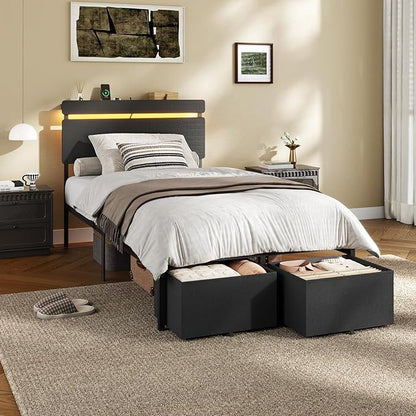 Forestell Twin Bed Frame with Wood Headboard,2 Storage Drawers & Shelf | Built-in Charging Station & LED Lights, Metal Support, No Box Spring Needed, noise-free, easy assembly, Smart RGB, USB+Type-C