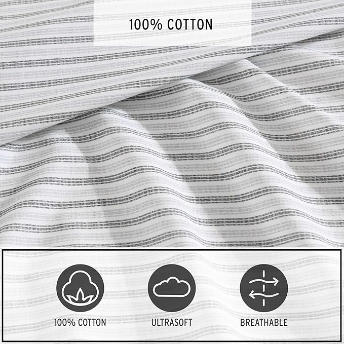 Eddie Bauer - Queen Sheet Set, Cotton Percale Bedding Set, Super Soft and Bedding Set, Oeko-Tex Certified (Ticking Stripe Grey, Queen)