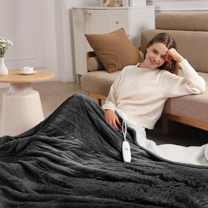 Heating Blanket Heated Throw 50''X60'' - Electric Throw Soft Plush Sherpa with 5 Heating Level & 4 Hour Auto Off, ETL Certified & Overheat Protection, Warm Gifts for Grandma (Dark Gray)