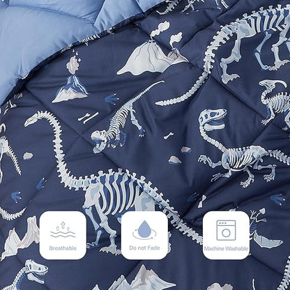Blue Dinosaur Queen Comforter Set for Boys, 7 Pieces Kids Bedroom Bedding with Sheets and Pillowcase, Super Soft Lightweight for All Season, Machine Washable