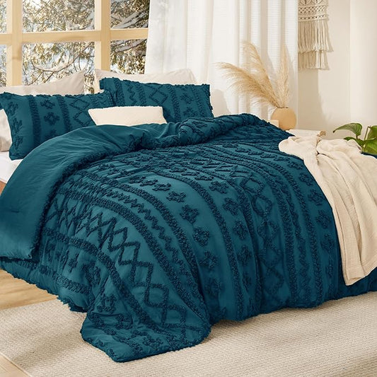 Bedsure Tufted Boho Comforter Set King Size - Teal Boho Bed Set, GentleSoft 3 Pieces Farmhouse Shabby Chic Embroidery Bedding, Gifts for Woman, Soft Jacquard King Comforter for All Seasons