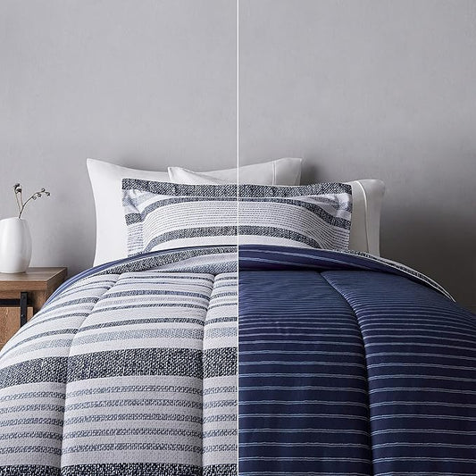 Amazon Basics Twin/Twin XL Size Ultra-Soft Lightweight Microfiber Reversible 2-Piece Bedding Comforter Set, Blue Denim/Beige Stripes