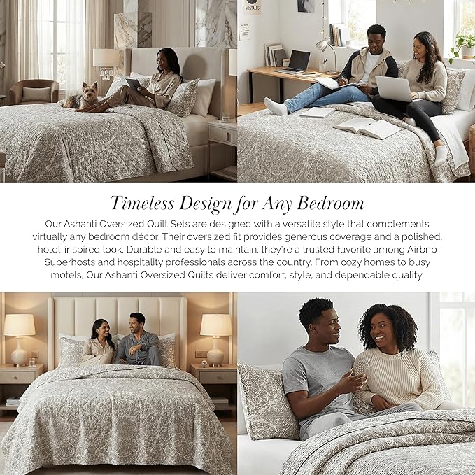 Southshore Fine Living, Inc. Ashanti Collection Oversized King Quilt Bedding Set, Soft Fabric, Lightweight Bedspread 3-Piece, Two Matching Shams (108 in Wide x 98 in Long), Cal/King Quilt Sets, Bone