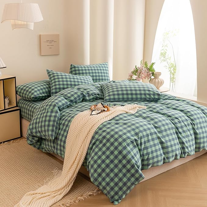 ECOCOTT Grid Plaid Duvet Cover Queen Size -100% Washed Cotton Linen Like Textured Breathable Durable Soft Comfy Bedding Set Mini Green Blue Plaid Comforter Cover