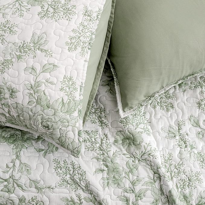 Wonderful Spring Fresh Quilt, Sage Green Floral Bedspread King Size, 3 Piece Cotton Vintage Farmhouse Bedding Set, Machine Washable Lightweight Soft Bed Cover for All Season | breathable material, Hypoallergenic soft