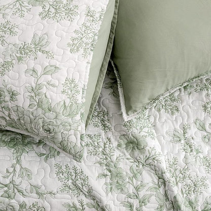 Wonderful Spring Fresh Quilt, Sage Green Floral Bedspread Queen Size, 3 Piece Cotton Vintage Farmhouse Bedding Set, Machine Washable Lightweight Soft Bed Cover for All Season | breathable material, Hypoallergenic soft