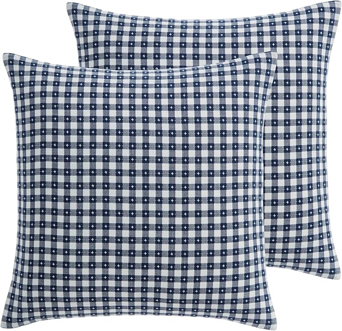 Levtex Home - Camden Gingham Stitch Euro Sham Set of 2 - Textured Gingham - Reversible - Cotton - Tie Closure Back - Pillow Inserts Not Included