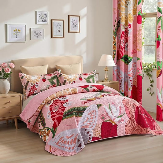 3 Piece Pink Boho Floral Californial King Quilt Sets Farmhouse Botanical Reversible Lightweight Bedspread with 2 Shams Butterfly Leaves Microfiber Bedding Quilts Set for All Season, 118''x106''