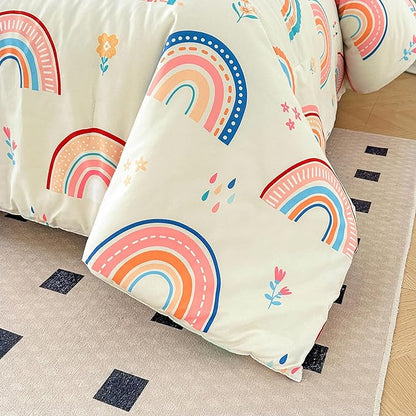 Btargot Lightweight Soft 3 Piece Rainbow Comforter Set with 2 Pillow Covers, Cartoon Love Hearts Flowers and Grass Bedding Set for Girls Boys Kids, Twin Multi-Color
